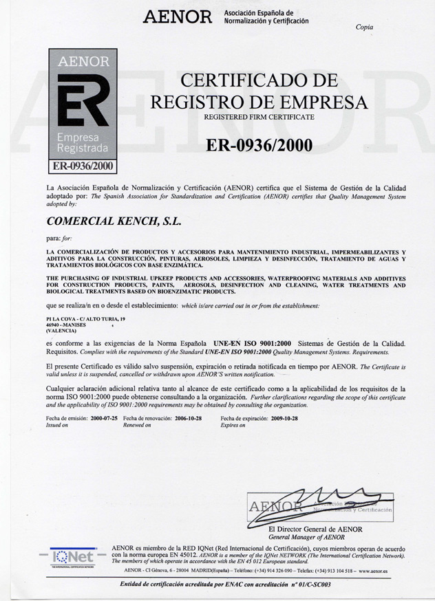 Certificado Registro de Empresa  AENOR